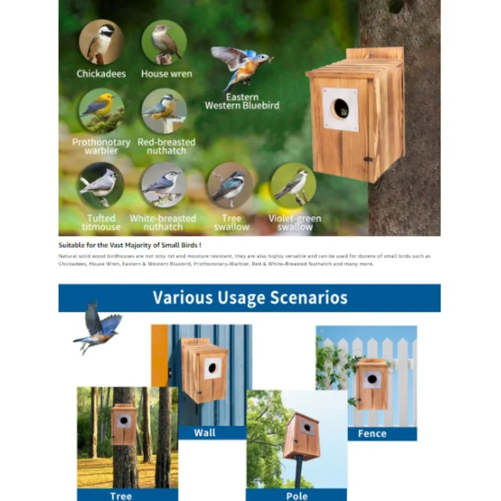 Pine Wood Birdhouse w/ Metal Predator Guard & Cleaning Door